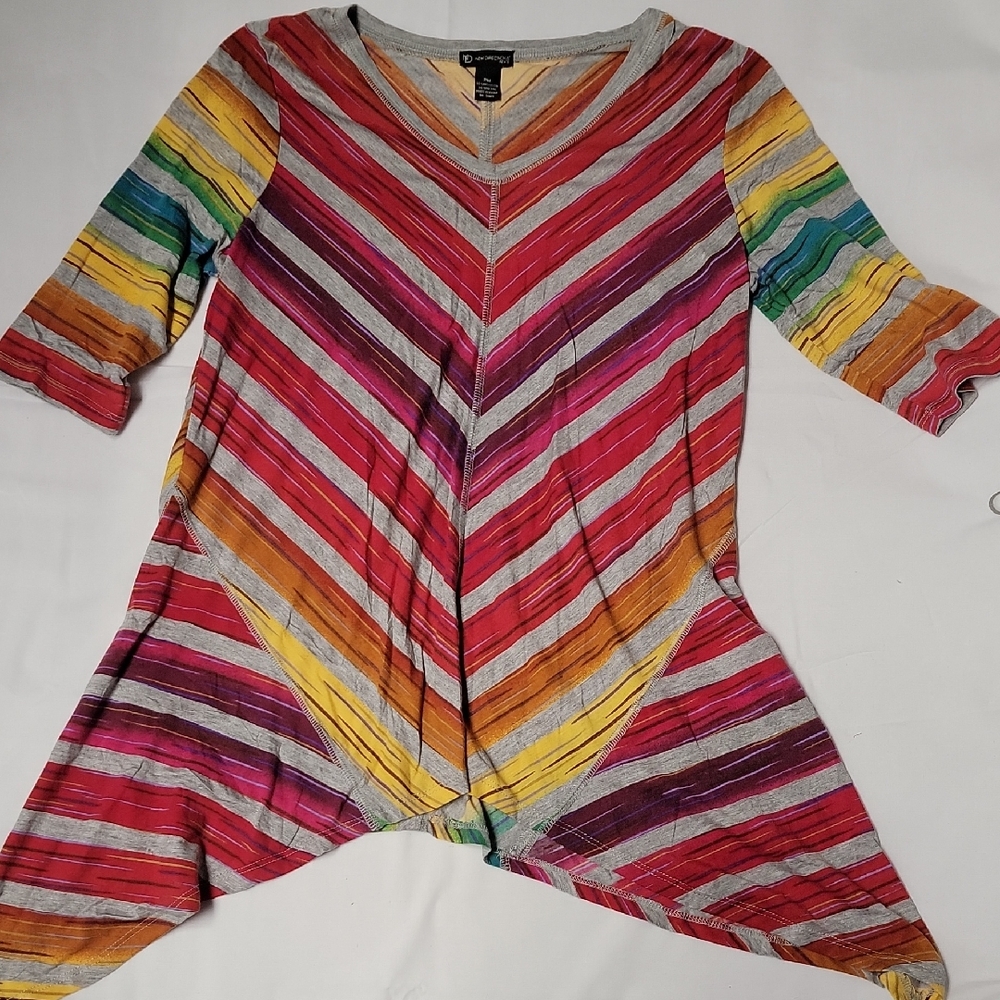 New Directions Multicolor Chevron Asymmetrical Striped Tunic PM
